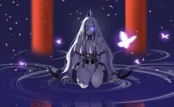 1girl azur_lane bao_mochi blue_butterfly breasts bug butterfly cleavage glowing_butterfly hair_over_one_eye highres insect large_breasts long_hair long_sleeves mixed-language_commentary multicolored_hair petals petals_on_liquid purple_hair reflection reflective_water solo streaked_hair two-tone_hair unzen_(azur_lane) very_long_hair white_hair wide_sleeves