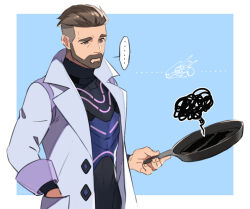 Rule 34 | ..., 1boy, beard, black bodysuit, blue background, bodysuit, border, brown eyes, brown hair, closed mouth, coat, commentary request, creatures (company), facial hair, frying pan, game freak, hand in pocket, holding, holding frying pan, looking down, male focus, nintendo, open clothes, open coat, pokemon, pokemon sv, saida (ohda ooda), short hair, solo, spoken ellipsis, squiggle, turo (pokemon), undercut, white border