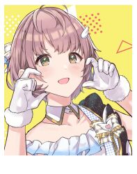 Rule 34 | 1girl, asymmetrical bangs, beyond the bluesky (idolmaster), blush, brown hair, collarbone, detached collar, fur-trimmed gloves, fur trim, gloves, half-heart hands, hands up, hanetsuka, highres, idolmaster, idolmaster shiny colors, looking at viewer, short hair, smile, solo, white gloves, wing hair ornament