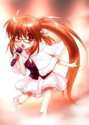 Rule 34 | 1girl, :o, ahoge, bell, bespectacled, blush, brown hair, cosplay, glasses, hair bell, hair ornament, holding, idol, little busters!, long hair, microphone, music, natsume rin, open mouth, ponytail, red-framed eyewear, red eyes, ribbon, singing, skirt, socks, solo, tamiyasu tomoe, very long hair, voice actor connection, white socks, zen