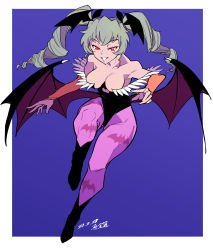 Rule 34 | 1girl, 2022, absurdres, alternate breast size, anchovy (girls und panzer), animal print, artist request, bare shoulders, bat print, bat wings, black leotard, boots, border, breasts, cleavage, cosplay, dated, demon girl, demon wings, drill hair, flying, full body, girls und panzer, green hair, head wings, highleg, highleg leotard, highres, large breasts, leotard, long hair, looking at viewer, morrigan aensland, morrigan aensland (cosplay), naughty face, red eyes, seductive smile, smile, solo, twin drills, twintails, vampire (game), white border, wide hips, wings