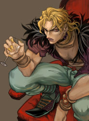 Rule 34 | 1boy, bad id, bad pixiv id, bangle, blonde hair, boots, bracelet, claws, couch, cup, dio brando, drinking glass, jacket, jewelry, jojo no kimyou na bouken, kilva lollop, male focus, open clothes, open jacket, red eyes, red upholstery, sitting, solo, squatting, wine glass