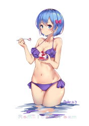 Rule 34 | 1girl, absurdres, alternate costume, bare shoulders, bikini, blue eyes, blue hair, blush, bow, breasts, character name, cleavage, commentary request, dated, eating, food, fruit, gao2519, hair bow, highres, holding, looking at viewer, medium breasts, navel, pink bow, purple bikini, re:zero kara hajimeru isekai seikatsu, rem (re:zero), short hair, simple background, smile, solo, strawberry, swimsuit, white background