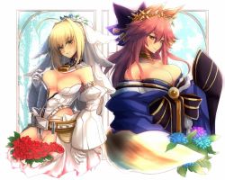 Rule 34 | 10s, 2girls, ahoge, animal ears, arm strap, back-to-back, bare shoulders, belt, belt skirt, blonde hair, blush, bouquet, bow, breasts, bursting breasts, center opening, choker, cleavage, closed mouth, cowboy shot, detached collar, detached sleeves, eyebrows, fate/extra, fate/extra ccc, fate/grand order, fate (series), flower, fox ears, fox tail, full-length zipper, gloves, green eyes, grin, groin, hair between eyes, hair bow, hair intakes, hair ornament, half-closed eyes, head tilt, highleg, highleg leotard, japanese clothes, jewelry, kimono, large breasts, leaf, leotard, lock, long hair, long sleeves, looking at viewer, medium breasts, multiple girls, naughty face, neck ring, nero claudius (bride) (fate), nero claudius (bride) (second ascension) (fate), nero claudius (fate), nero claudius (fate) (all), no bra, off shoulder, official alternate costume, padlock, pink hair, puffy detached sleeves, puffy sleeves, purple bow, red flower, red rose, rose, seductive smile, short hair with long locks, showgirl skirt, sidelocks, skindentation, skirt, sleeves past wrists, smile, standing, studded belt, tail, tamamo no mae (fate/extra), tamamo no mae (third ascension) (fate), turtleneck, unzipped, veil, white gloves, wide sleeves, yellow eyes, yude, zipper