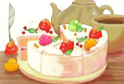 Rule 34 | bird, cake, chai (drawingchisanne), commentary request, cream, cup, food, food focus, fruit, fruit tart, highres, knife, leaf, looking at viewer, no humans, orange (fruit), original, plate, raspberry, sitting, sitting on food, sparkle, strawberry, tart (food), tea, teacup, teapot