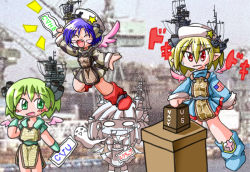 Rule 34 | 4girls, aircraft carrier, american flag, annotated, antennae, apron, arm up, blonde hair, blush, blush stickers, boots, casablanca class escort carrier, chibi, clothes writing, despair, detached wings, dress, empty eyes, fang, flight deck, giving up the ghost, gloves, green eyes, green hair, happy, hat, jumping, lottery, mecha musume, military, military vehicle, multiple girls, no nose, o o, open mouth, original, personification, photo background, pointy ears, red eyes, shinsanbou, ship, short hair, side slit, sleeves rolled up, star (symbol), sweatdrop, translated, turn pale, united states navy, warship, watercraft, wings, world war ii