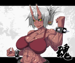 Rule 34 | 1girl, abs, bikini, bikini top only, black sclera, bracelet, breasts, cleavage, colored sclera, colored skin, cuffs, demon girl, dream demon, earrings, fangs, folded ponytail, grey hair, hair up, horns, huge breasts, jewelry, large breasts, long hair, monster girl, muscular, muscular female, navel, oni, original, pointy ears, ponytail, red skin, slit pupils, solo, spiked bracelet, spikes, swimsuit, yellow eyes