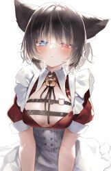 Rule 34 | 1girl, absurdres, animal ears, apron, bell, black hair, black ribbon, blue eyes, blunt bangs, blush, breasts, cat ears, cleavage, closed mouth, dress, frilled apron, frilled dress, frills, half-closed eyes, heterochromia, highres, indie virtual youtuber, jingle bell, large breasts, looking at viewer, maid, medium breasts, mole, mole on breast, neck bell, nukota natsuna, puffy short sleeves, puffy sleeves, red eyes, ribbon, short hair, short sleeves, simple background, solo, tamafurin, upper body, virtual youtuber, white background