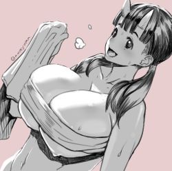 Rule 34 | 1girl, amamiya (abaros), black hair, blunt bangs, breasts, cleavage, dungeon meshi, greyscale, greyscale with colored background, horns, huge breasts, inutade, monochrome, oni, oni horns, pink background, smile, sweat, towel, twintails