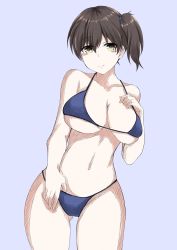 Rule 34 | 1girl, bare shoulders, bikini, blue bikini, blush, breasts, brown hair, collarbone, grey background, highres, kaga (kancolle), kantai collection, large breasts, long hair, looking at viewer, nakura haru, navel, side ponytail, simple background, solo, stomach, swimsuit, yellow eyes
