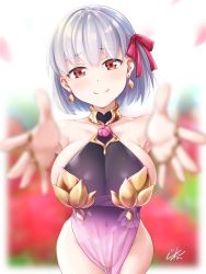 Rule 34 | 1girl, bare shoulders, blurry, blurry background, blush, breasts, closed mouth, collarbone, covered navel, dress, earrings, fate/grand order, fate (series), flower, hair between eyes, hair ribbon, highres, jewelry, kama (fate), kama (first ascension) (fate), large breasts, looking at viewer, lotus, outstretched arms, petals, purple dress, red eyes, red ribbon, ribbon, ring, short hair, silver hair, sleeveless, sleeveless dress, smile, solo, zinzen