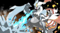 animal_focus blacknirrow blue_fire breath_weapon breathing_fire claws colored_sclera creatures_(company) dragon fire game_freak gen_5_pokemon hands_up highres ice ice_burn_(pokemon) kyurem legendary_pokemon nintendo no_humans open_mouth outline pokemon pokemon_(creature) pokemon_move sharp_teeth solo teeth white_eyes white_kyurem white_outline yellow_sclera