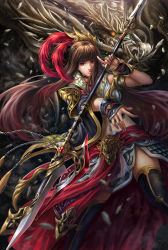Rule 34 | 1girl, bad id, bad pixiv id, black thighhighs, brown hair, dragon, feathers, hair ornament, highres, kacyu, long hair, looking at viewer, midriff, navel, official art, original, polearm, red eyes, skirt, smile, solo, spear, thighhighs, very long hair, weapon, wide sleeves