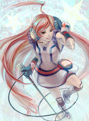 Rule 34 | 1girl, :d, ahoge, akashiba, android, belt, boots, dress, female focus, gloves, headphones, headset, joints, kneehighs, long hair, microphone, microphone stand, open mouth, red eyes, red hair, robot joints, sf-a2 miki, smile, socks, solo, striped clothes, striped gloves, striped socks, very long hair, vocaloid, wrist cuffs