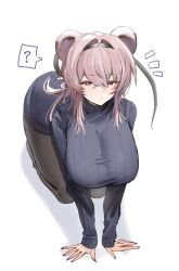 Rule 34 | 1girl, ?, all fours, alternate costume, animal ears, arknights, black eyes, black hairband, black pantyhose, blue sweater, breasts, closed mouth, commentary request, fingernails, grey hair, hairband, highres, horn/wood, huge breasts, lin (arknights), long fingernails, long hair, long sleeves, mouse ears, mouse girl, mouse tail, pantyhose, ribbed sweater, simple background, solo, spoken question mark, sweater, tail, turtleneck, turtleneck sweater, white background