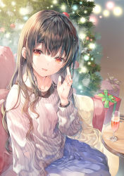 Rule 34 | 1girl, black hair, blanket, blue skirt, box, champagne flute, christmas tree, couch, cup, drinking glass, gift, gift box, hand up, highres, indoors, long hair, long sleeves, looking at viewer, miwabe sakura, orange eyes, original, parted lips, pleated skirt, sitting, skirt, smile, solo, sweater, table, white sweater