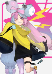 Rule 34 | 1girl, aqua hair, black shorts, boots, commentary request, creatures (company), eyelashes, game freak, grin, hand up, highres, iono (pokemon), jacket, leg up, long hair, looking at viewer, nintendo, one eye closed, pink hair, pokemon, pokemon sv, purple eyes, sharp teeth, shorts, single leg pantyhose, smile, solo, teeth, thigh strap, toima (beat0829), twintails, yellow jacket