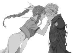 Rule 34 | 1boy, 1girl, aerith gainsborough, armor, bangle, black cape, bracelet, braid, braided ponytail, cape, closed eyes, cloud strife, couple, cowboy shot, cropped jacket, dress, earrings, eorinamo, final fantasy, final fantasy vii, final fantasy vii advent children, forehead-to-forehead, greyscale, hair ribbon, heads together, hetero, high collar, jewelry, long dress, long hair, monochrome, parted bangs, profile, ribbon, short hair, short sleeves, shoulder armor, sidelocks, single earring, single sleeve, spiked hair, square enix, strap, twitter username, waist cape, wavy hair, white background