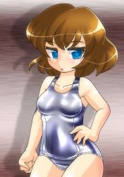 Rule 34 | 1girl, blue eyes, blush, brown hair, gradient background, hand on own hip, one-piece swimsuit, original, school swimsuit, shiny clothes, solo, swimsuit, winn