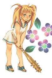 Rule 34 | 1girl, aged down, bare arms, baseball bat, bent over, blonde hair, blue eyes, blush, child, closed mouth, dress, facial mark, facing viewer, flower, full body, genderswap, genderswap (mtf), happy, holding, holding baseball bat, holding bat, holding nail bat, kobashi, leaning forward, long hair, looking at viewer, lowres, nail, nail bat, naruko (naruto), naruto, naruto (series), shoes, sleeveless, sleeveless dress, smile, solo, standing, twintails, uzumaki naruto, weapon, whisker markings, whiskers