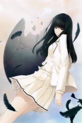 Rule 34 | 1girl, absurdres, black feathers, black hair, blazer, blue eyes, broken egg, buttons, crying, crying with eyes open, egg, eggshell, feathers, highres, innocent grey, jacket, kara no shoujo, kuchiki touko, long hair, looking back, official art, open clothes, open jacket, open mouth, pleated skirt, scan, school uniform, skirt, solo, sugina miki, tears, white skirt