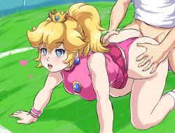 Rule 34 | 1boy, 1girl, ass, ass grab, bare shoulders, blonde hair, blue eyes, blush, breasts, crown, doggystyle, dress, earrings, grabbing, hand on ass, heart, heart-shaped pupils, hetero, huge ass, jewelry, legs, leonart, long hair, mario (series), nintendo, open mouth, outdoors, panties, pink panties, ponytail, princess peach, sex, sex from behind, super mario bros. 1, symbol-shaped pupils, thighs, thong, underwear