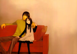 Rule 34 | 1boy, 1girl, black pantyhose, blood alone, brown background, child, couch, dress, hand on another&#039;s thigh, head tilt, highres, kuroe kurose, leaning on person, leaning to the side, misaki minato, pantyhose, red upholstery, sitting, takano masayuki, vampire