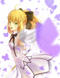 Rule 34 | 1girl, :d, ahoge, artoria pendragon (all), artoria pendragon (fate), black bow, blonde hair, bow, bowtie, breasts, caliburn (fate), choker, cleavage, cowboy shot, dress, excalibur (fate/stay night), fate/unlimited codes, fate (series), gloves, green eyes, hair between eyes, hair bow, holding, holding sword, holding weapon, long hair, looking at viewer, open mouth, outstretched arms, ponytail, saber lily, short dress, sideboob, sleeveless, sleeveless dress, small breasts, smile, solo, standing, strapless, strapless dress, sword, weapon, white dress, white gloves, yeh (354162698)