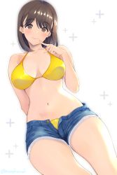 Rule 34 | 1girl, anegasaki nene, arm behind back, bare arms, bare shoulders, bikini, breasts, brown eyes, brown hair, cleavage, closed mouth, collarbone, commentary request, cutoffs, denim, denim shorts, dutch angle, finger to mouth, highres, looking at viewer, love plus, masaoka misaki, medium breasts, mole, mole under eye, navel, open clothes, open fly, open shorts, plus sign, short hair, shorts, simple background, smile, solo, stomach, swimsuit, thighs, white background, yellow bikini