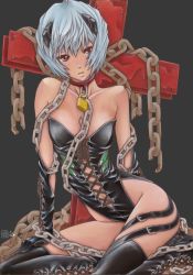 Rule 34 | 1girl, alternate costume, arm behind back, arm support, ayanami rei, bare shoulders, belt, black background, black footwear, black leotard, black thighhighs, blue hair, bondage outfit, boots, breasts, broken, buckle, chain, collar, collarbone, cross-laced clothes, cross-laced footwear, hair ornament, highleg, highleg leotard, kotatsu-spirit, lace-up boots, leather, leather boots, leotard, lock, looking to the side, navel, neon genesis evangelion, padlock, parted lips, red eyes, restrained, signature, simple background, sitting, small breasts, solo, strapless, strapless leotard, thigh boots, thighhighs
