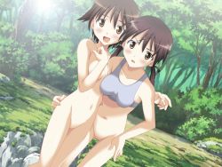 Rule 34 | 2girls, blush, bottomless, bra, breasts, brown eyes, brown hair, gertrud barkhorn, groin, hand on another&#039;s hip, large breasts, long hair, looking at viewer, miyafuji yoshika, multiple girls, nagase yutaka, navel, nipples, no panties, outdoors, pussy, short hair, small breasts, sports bra, standing, strike witches, twintails, underwear, white bra, world witches series