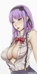 Rule 34 | 1girl, absurdres, artist name, blue eyes, bow, breasts, cleavage, dagashi kashi, food, hair bow, highres, large breasts, lips, liya nikorov, mouth hold, no bra, open clothes, pocky, purple hair, shidare hotaru, smile, solo, suspenders, unbuttoned