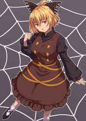 Rule 34 | 1girl, blonde hair, bow, brown dress, clenched hand, dress, foot out of frame, from above, grey background, hair bow, head tilt, highres, juliet sleeves, kakone, kurodani yamame, long sleeves, outline, parted lips, puffy sleeves, red eyes, short hair, silk, simple background, solo, spider web, standing, touhou, white outline