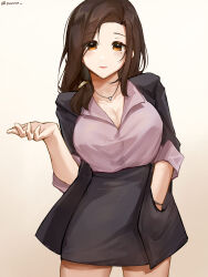 Rule 34 | 1girl, absurdres, black jacket, black skirt, blazer, breasts, brown eyes, brown hair, closed mouth, enzone, eyebrows hidden by hair, eyes visible through hair, gotou airi, hairband, hand in pocket, hige wo soru. soshite joshikousei wo hirou., highres, jacket, large breasts, long hair, mole, mole under eye, open clothes, open jacket, shirt, skirt, solo, standing, thighs, watch, wristwear