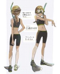 Rule 34 | 1girl, black hair, blonde hair, character sheet, choppy bangs, commentary, diving mask, flippers, full body, goggles, highres, low ponytail, original, sakurada22, sidelocks, simple background, snorkel, standing, stretching, sweatdrop, swimsuit, translated, wavy mouth