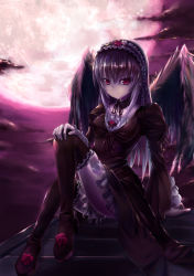 Rule 34 | 00s, asa (swallowtail), hair between eyes, hairband, highres, long hair, moon, red eyes, rozen maiden, silver hair, sitting, solo, suigintou, thighhighs, wings