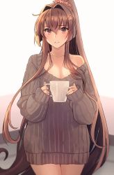 Rule 34 | 1girl, alternate costume, breasts, brown eyes, brown hair, brown sweater, cleavage, closed mouth, collarbone, cowboy shot, cup, flower, hair between eyes, hair flower, hair ornament, highres, holding, holding cup, kantai collection, kasumi (skchkko), large breasts, long hair, long sleeves, pink flower, ponytail, smile, solo, sweater, very long hair, yamato (kancolle)