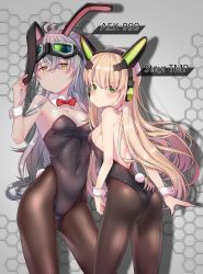 Rule 34 | absurdres, aek-999 (girls&#039; frontline), ahoge, animal ear headphones, animal ears, ass, bare shoulders, black leotard, blonde hair, blush, bow, bowtie, breasts, brown legwear, cat ear headphones, cat ears, cleavage, collarbone, commentary, covered navel, detached collar, english commentary, fake animal ears, fishnet pantyhose, fishnets, girls&#039; frontline, gluteal fold, goggles, green eyes, hair between eyes, hand on another&#039;s ass, hayarob, headphones, highres, holding, leotard, long hair, looking at viewer, medium breasts, multiple girls, pantyhose, playboy bunny, pout, rabbit ears, rabbit tail, sideboob, sidelocks, silver hair, simple background, small breasts, standing, strapless, strapless leotard, tail, tmp (girls&#039; frontline), wrist cuffs, yellow eyes