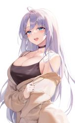 Rule 34 | 1girl, absurdres, bare shoulders, black tank top, blue eyes, breasts, choker, choyeon, cleavage, clothes pull, collar, hair ornament, hairclip, highres, jacket, jacket partially removed, jacket pull, jacket tug, large breasts, looking at viewer, open mouth, original, purple hair, solo, spaghetti strap, tank top, upper body, white background