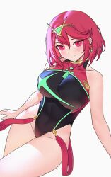Rule 34 | 1girl, bare arms, bare shoulders, black leotard, breasts, covered collarbone, covered navel, cowboy shot, earrings, hairband, highleg, highleg leotard, highres, jewelry, large breasts, leotard, looking at viewer, pyra (pro swimmer) (xenoblade), pyra (xenoblade), red eyes, red hair, short hair, simple background, siun, smile, solo, taut leotard, thighs, white background, xenoblade chronicles (series), xenoblade chronicles 2