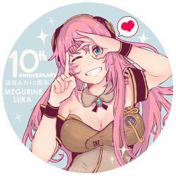 Rule 34 | 1girl, anniversary, artist name, blue eyes, breasts, character name, cleavage, collarbone, grin, heart, highres, index finger raised, large breasts, long hair, looking at viewer, megurine luka, megurine luka (vocaloid4), one eye closed, pink hair, smile, solo, spoken heart, teeth, twitter username, upper body, vocaloid, ziren