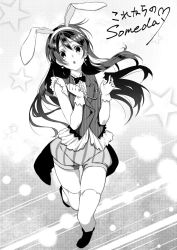 Rule 34 | 1girl, animal ears, bad id, bad twitter id, blush, commentary request, earrings, floating, gloves, greyscale, hair between eyes, highres, jewelry, korekara no someday, long hair, looking at viewer, love live!, love live! school idol project, monochrome, necktie, open mouth, puffy shorts, rabbit ears, shorts, sleeveless, solo, sonoda umi, striped, text focus, thighhighs, yomotsuka tsukasa