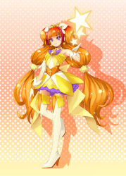 Rule 34 | 1girl, amanogawa kirara, bare shoulders, boots, brown hair, choker, cure twinkle, earrings, gloves, go! princess precure, highres, jewelry, kirishima satoshi, long hair, looking at viewer, magical girl, petticoat, polka dot, polka dot background, precure, purple eyes, skirt, smile, solo, star (symbol), star earrings, thigh boots, thighhighs, twintails, white footwear, white gloves, white thighhighs