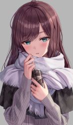 Rule 34 | 1girl, black capelet, blue eyes, blush, brown hair, can, canned coffee, capelet, commentary request, drink can, grey background, grey sweater, hands up, highres, holding, holding can, long hair, long sleeves, looking at viewer, original, parted lips, scarf, simple background, solo, striped clothes, striped sweater, superpig, sweater, upper body, white scarf