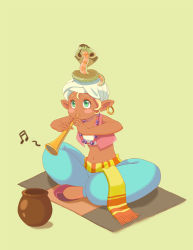 Rule 34 | 1girl, arabian clothes, bad id, bad pixiv id, baggy pants, bare shoulders, blonde hair, blush, dark skin, dark-skinned female, earrings, green eyes, harem pants, indian style, instrument, jewelry, layil, crossed legs, midriff, music, necklace, pants, pointy ears, puffy pants, shoes, sitting, snake, solo, strapless, tube top, turban, vest