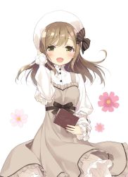 Rule 34 | 10s, 1girl, :d, blush, book, bow, brown bow, brown dress, brown eyes, brown hair, buttons, cowboy shot, dress, flower, frilled sleeves, frills, hand in own hair, hat, hat bow, hat ornament, holding, holding book, kani biimu, kunikida hanamaru, long hair, long sleeves, looking at viewer, love live!, love live! school idol festival, love live! sunshine!!, open mouth, pinafore dress, pink flower, shirt, simple background, sleeveless, sleeveless dress, smile, solo, striped, striped bow, white background, white hat, white shirt