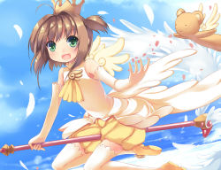 Rule 34 | 1990s (style), 1girl, :d, bad id, bad pixiv id, brown hair, cardcaptor sakura, child, cloud, cloudy sky, crown, day, elbow gloves, feathers, fuuin no tsue, gloves, green eyes, happy, kero (cardcaptor sakura), kinomoto sakura, liong, looking at viewer, open mouth, retro artstyle, short hair, short twintails, sky, smile, thighhighs, twintails, two side up, wings, yellow eyes, yellow thighhighs
