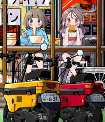 2girls ^^^ animal blue_eyes blue_hoodie blush bowl bowl_cut brown_eyes burger camera cat chopsticks commentary_request condenser_unit crossed_legs eating fast_food food highres holding holding_bowl holding_burger holding_chopsticks holding_food honda_motocompo hood hoodie license_plate long_hair long_sleeves looking_at_viewer minibike motor_vehicle motorcycle multiple_girls noodles on_chair original puffy_long_sleeves puffy_sleeves restaurant shirt shoes short_hair short_sleeves sitting slurping sneakers udon wakamizu white_footwear white_shirt window