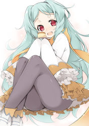 Rule 34 | 1girl, :d, aqua hair, blush, boots, brown scarf, crossed legs, dress, food, frilled sleeves, frills, grey pantyhose, hands up, head tilt, holding, holding plate, knees up, long hair, long sleeves, looking at viewer, miyako (princess connect!), open mouth, pantyhose, plate, princess connect!, pudding, red eyes, sasakura, scarf, simple background, sitting, sleeves past fingers, sleeves past wrists, smile, solo, very long hair, white background, white dress, white footwear, wide sleeves