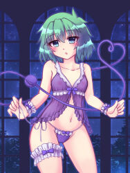 Rule 34 | 1girl, alternate costume, aqua eyes, blush, breasts, commentary, green eyes, green hair, groin, heart, heart of string, highres, indoors, komeiji koishi, lingerie, looking at viewer, messy hair, navel, nightgown, nipples, open mouth, panties, purple panties, puyopika, see-through, short hair, small breasts, solo, symbol-only commentary, thigh strap, third eye, touhou, underwear, window, wrist cuffs